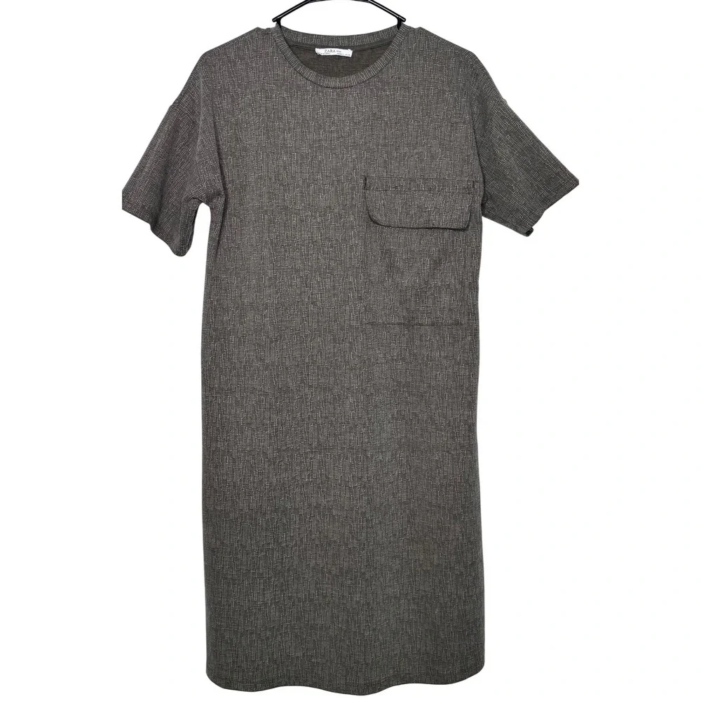 Zara Textured Weave T-Shirt‎ Dress Front Flap Pocket Brown White Size Small